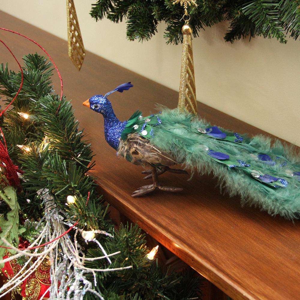 13" Green and Blue Peacock with Closed Tail Feathers Christmas Tabletop Decor. Picture 2