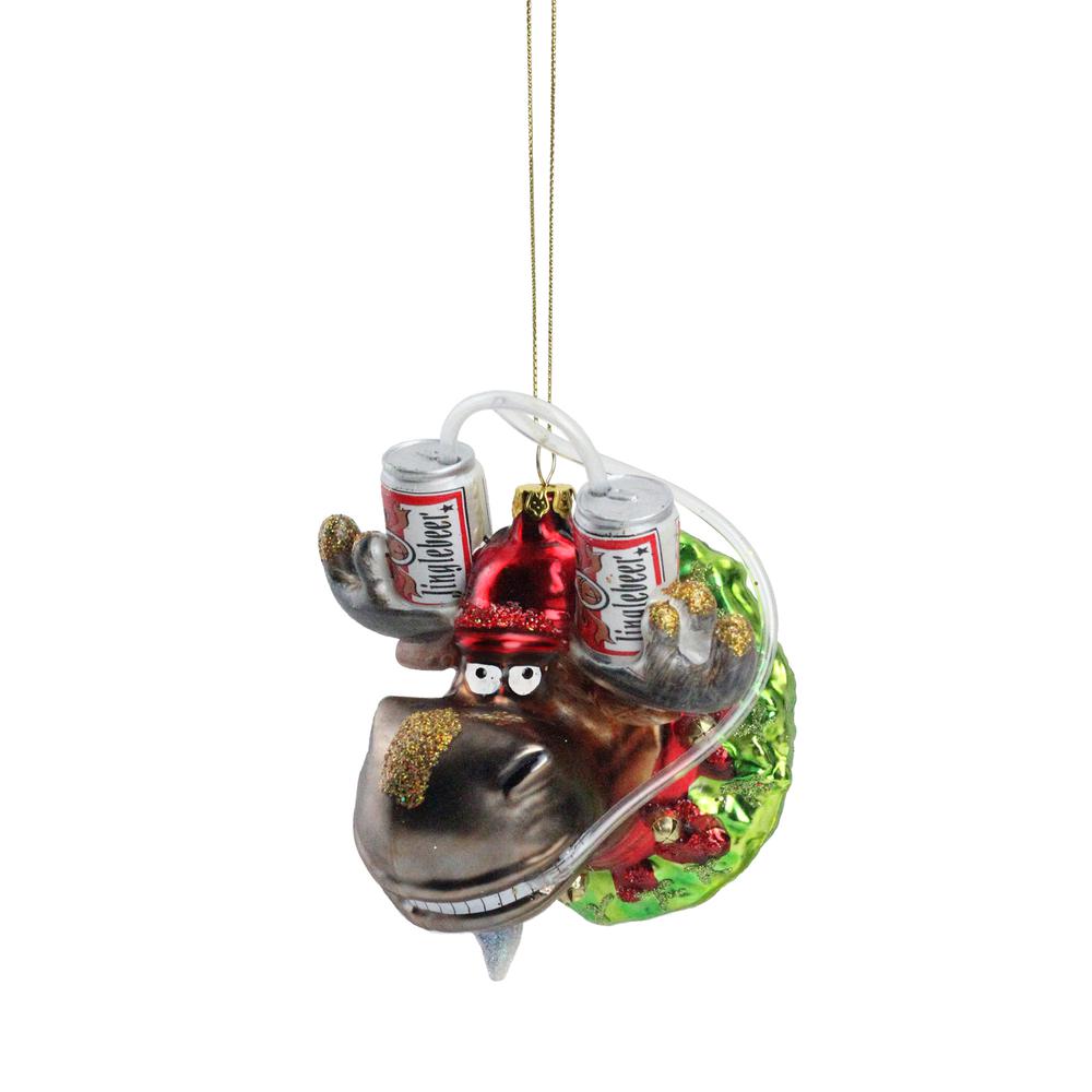 4.5" Gray and Red Moose with Beer Helmet Christmas Ornament. Picture 2