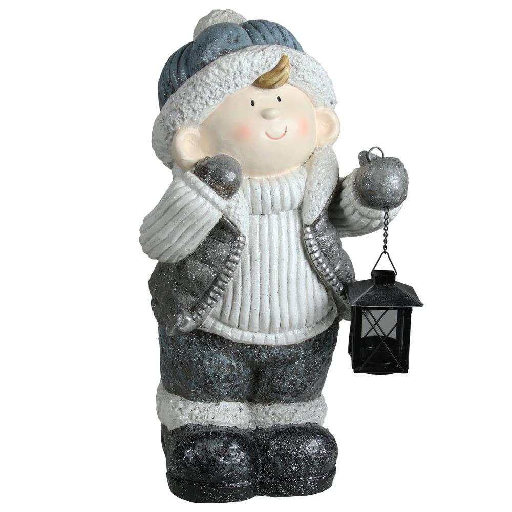 18.5" White and Gray Little Boy Holding Tea Light Lantern Christmas Tabletop Figure. Picture 1