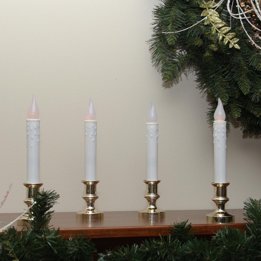 Set of 4 White and Gold LED C5 Flickering Window Christmas Candle Lamp with Timer 8.5". Picture 3