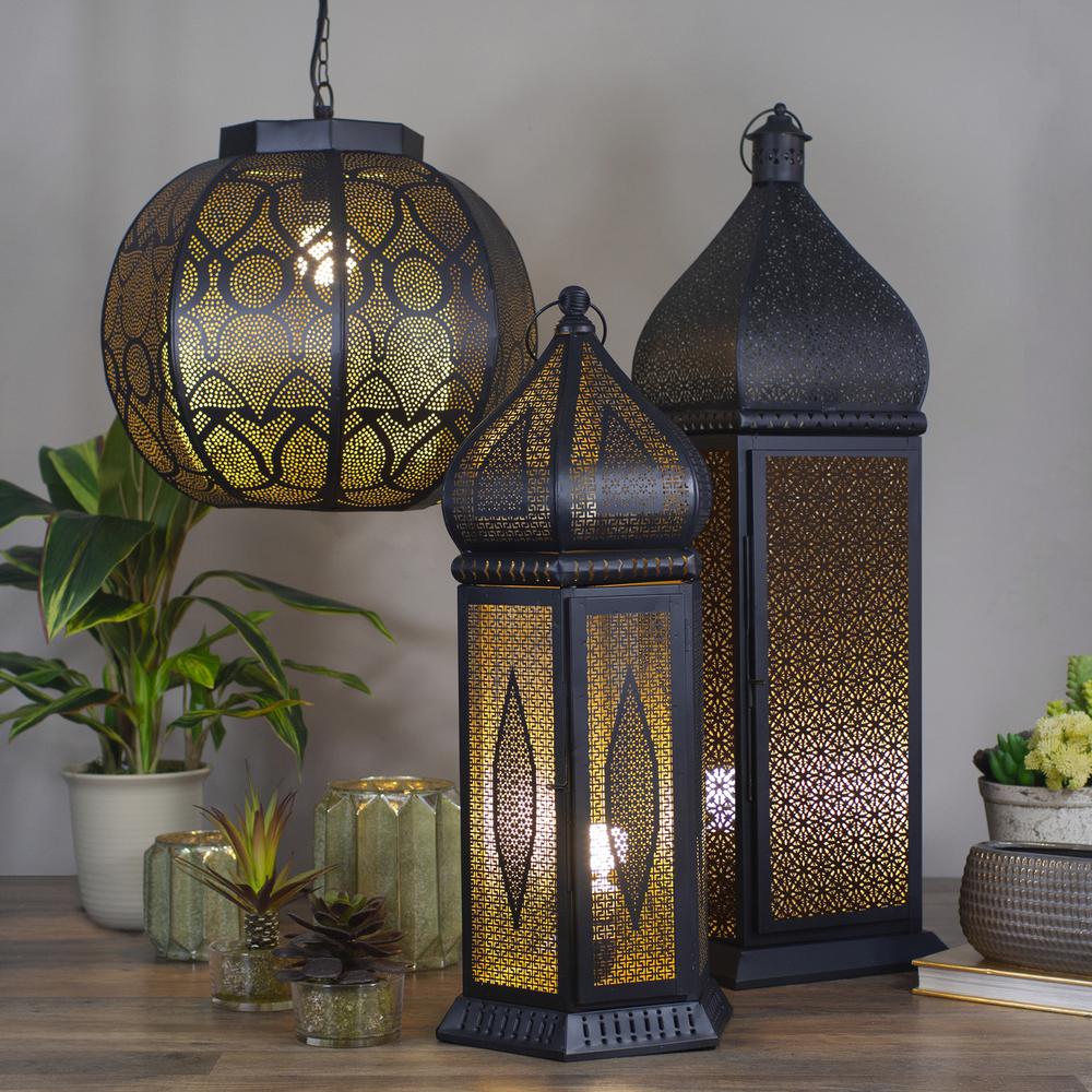 14.5" Black and Gold Moroccan Style Hanging Lantern Ceiling Light Fixture. Picture 2