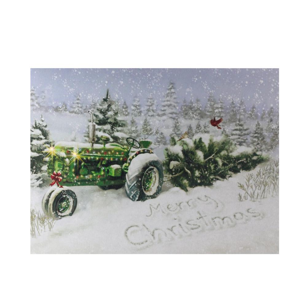 Fiber Optic and LED Lighted Merry Christmas Tractor Canvas Wall Art 12" x 15.75". Picture 1