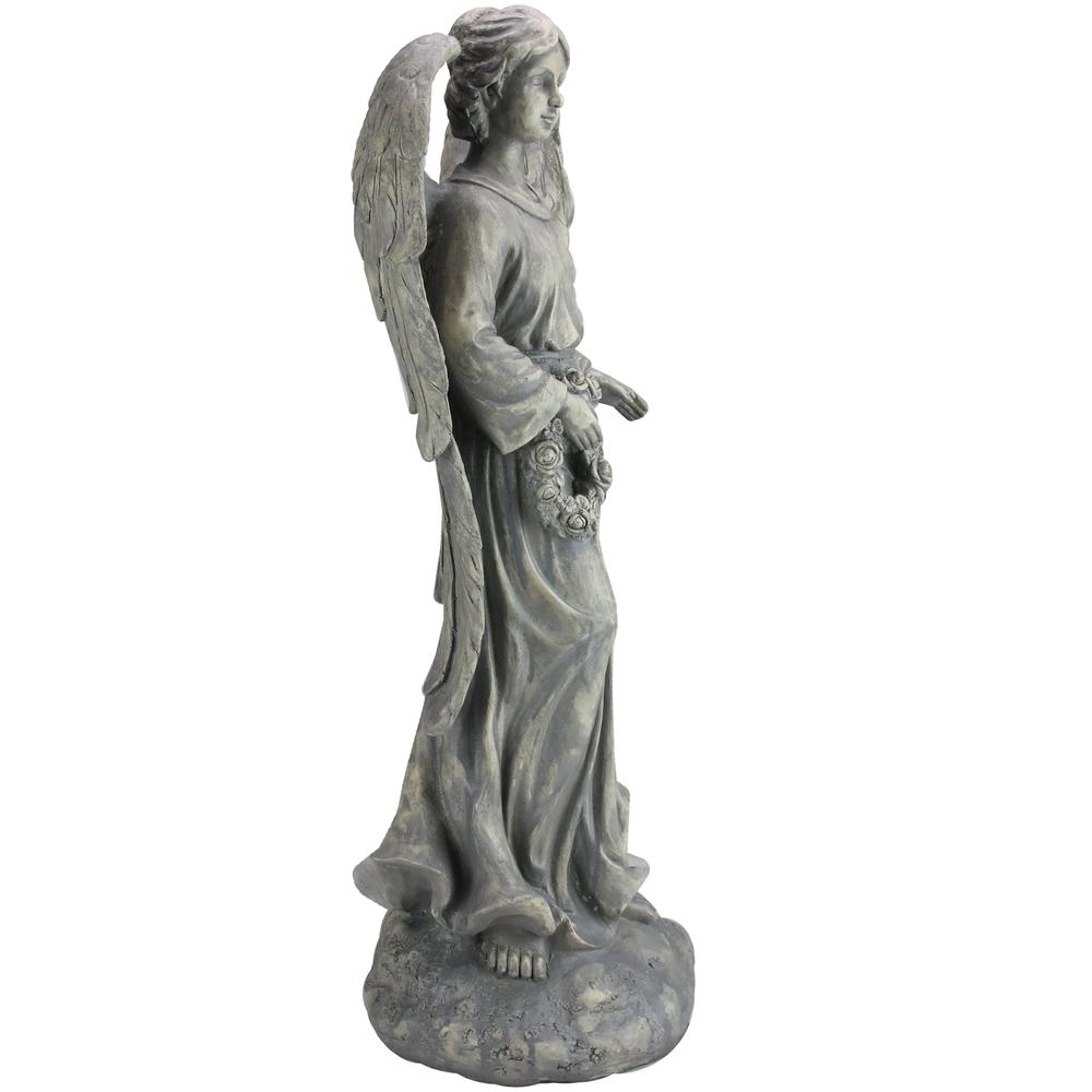 26" Distressed Finish Angel with Floral Wreath Outdoor Garden Figure. Picture 2
