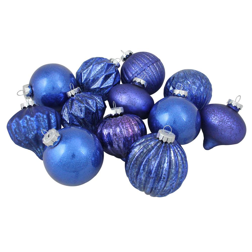 12ct Royal Blue Multi Finish with Various Shaped Christmas Ornaments 3.75". Picture 1