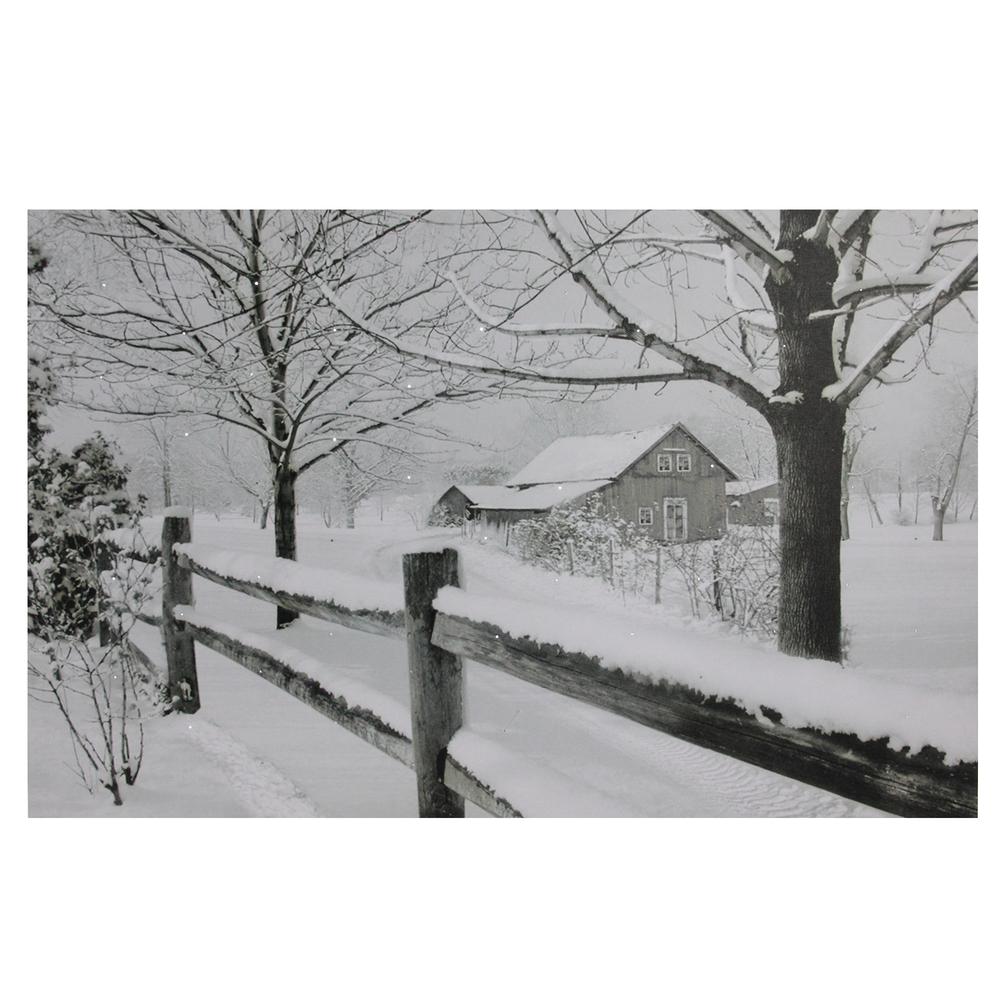 Large Fiber Optic Lighted Snowy Winter Cabin Canvas Wall Art 23.5" x 15.5". Picture 1