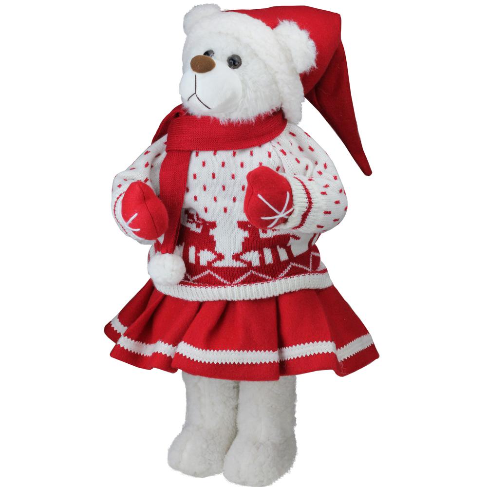 20" White and Red Winter Girl Santa Bear in Deer Sweater Christmas Figure Decoration. Picture 1