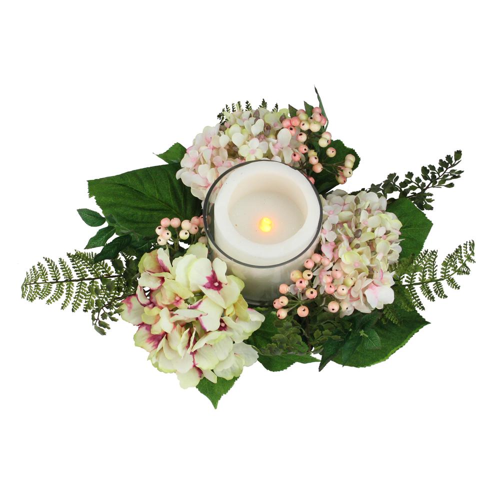16" Decorative Artificial Pink and Green Hydrangea and Berry Hurricane Glass Candle Holder. Picture 2