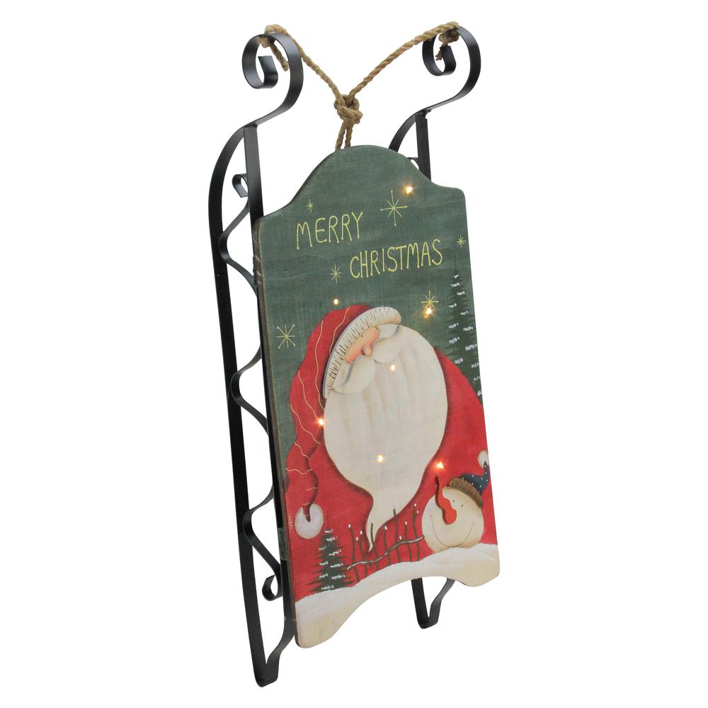 19.5" Hanging Wooden and Metal Santa Claus LED Decorative Christmas Sleigh. Picture 1