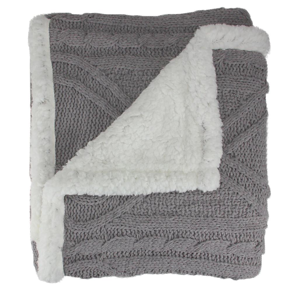 Gray and White Cable Knit Plush Throw Blanket 50" x 60". Picture 2