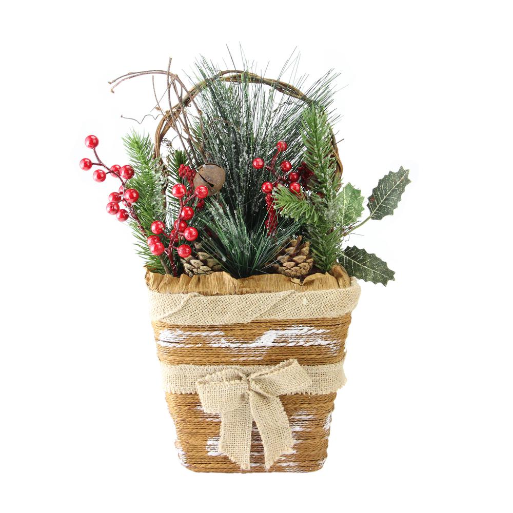 13.5" Brown and Green Frosted Pine Cones Artificial Christmas Basket. Picture 1