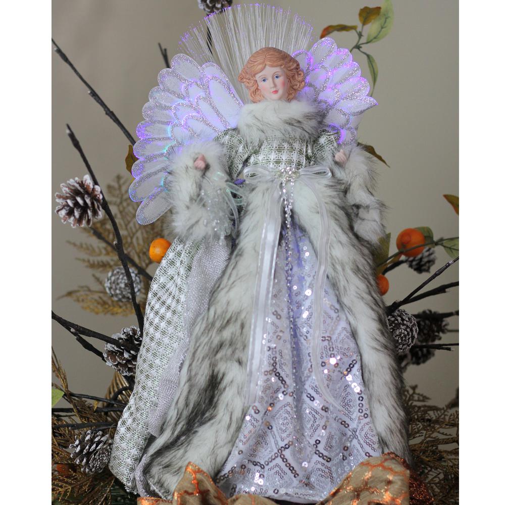 16" Lighted Fiber Optic Angel in Silver Gingham Coat Christmas Tree Topper. Picture 3