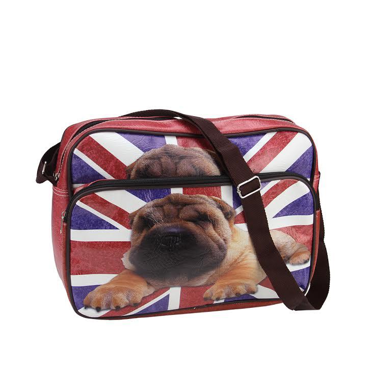 15" Decorative British Flag and Pug Crossbody Bag/Purse with Strap. Picture 1
