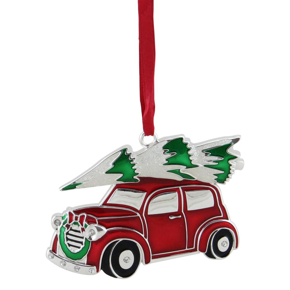 3.25" Red and White Car with Tree Christmas Ornament. Picture 1