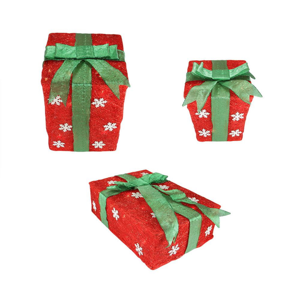 Set of 3 Pre-Lit Red and Green Snowflake Gift Boxes Christmas Outdoor Decor 13". Picture 1