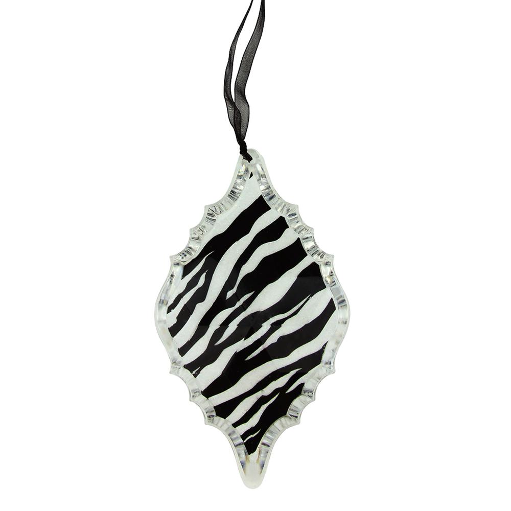 5.5" Black and White Glittered Zebra Print Christmas Diamond Prism Ornament. Picture 1