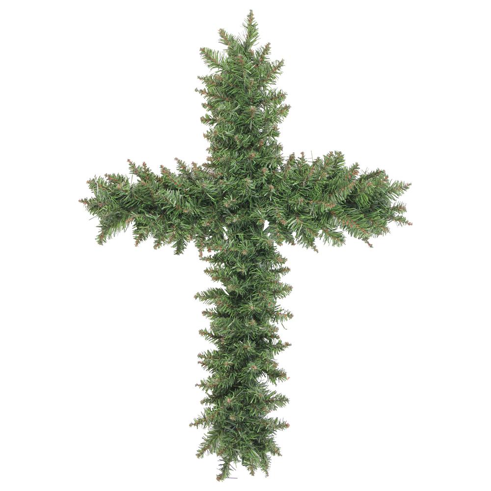 22" Green Pine Artificial Cross Shape Wreath with Ground Stake - Unlit. Picture 1