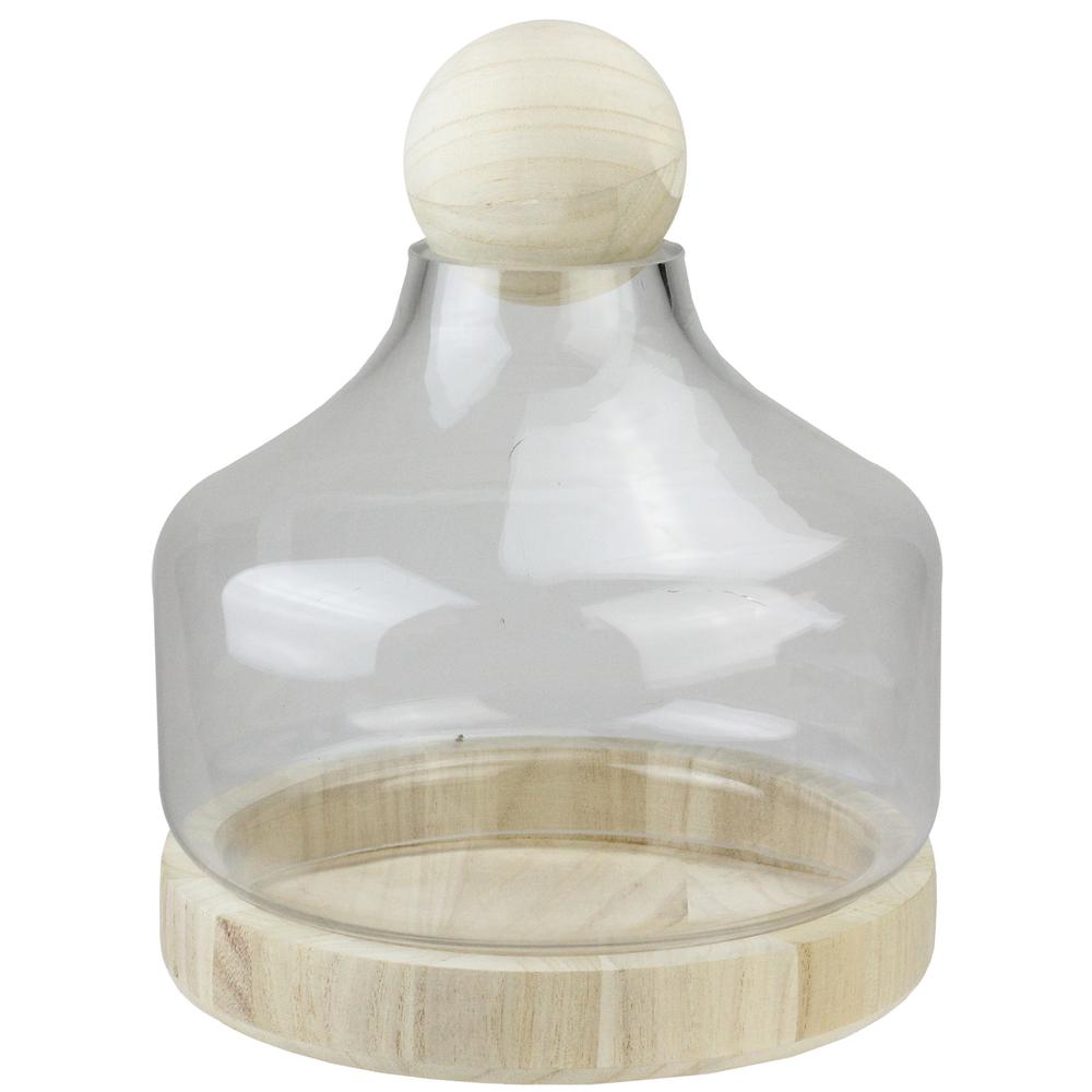 11.75" Transparent Glass Hurricane with Decorative Wooden Lid and Base. Picture 1