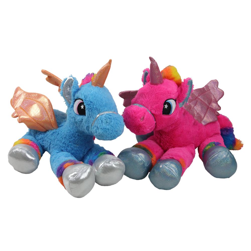 Set of 2 Super Soft and Plush Pink and Blue Sitting Winged Unicorns Stuffed Animal Figures 23.5". Picture 1