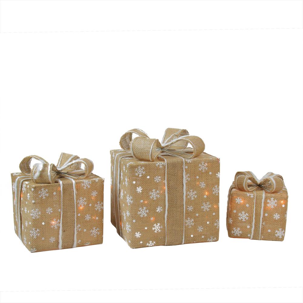Set of 3 Lighted Natural Snowflake Burlap Gift Boxes Christmas Outdoor Decorations. Picture 1