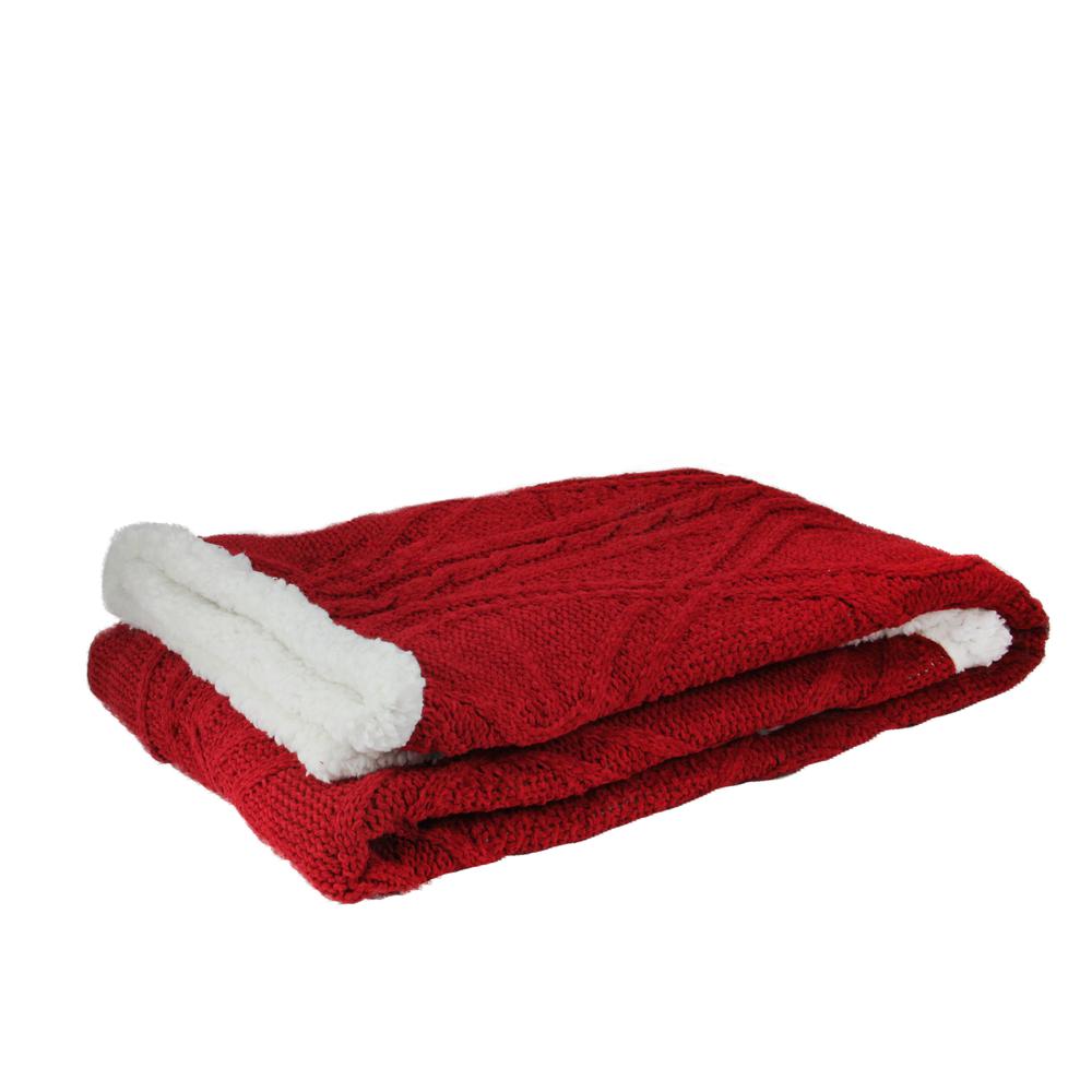 Red and White Cable Knit Plush Sherpa Throw Blanket 50" x 60". Picture 1