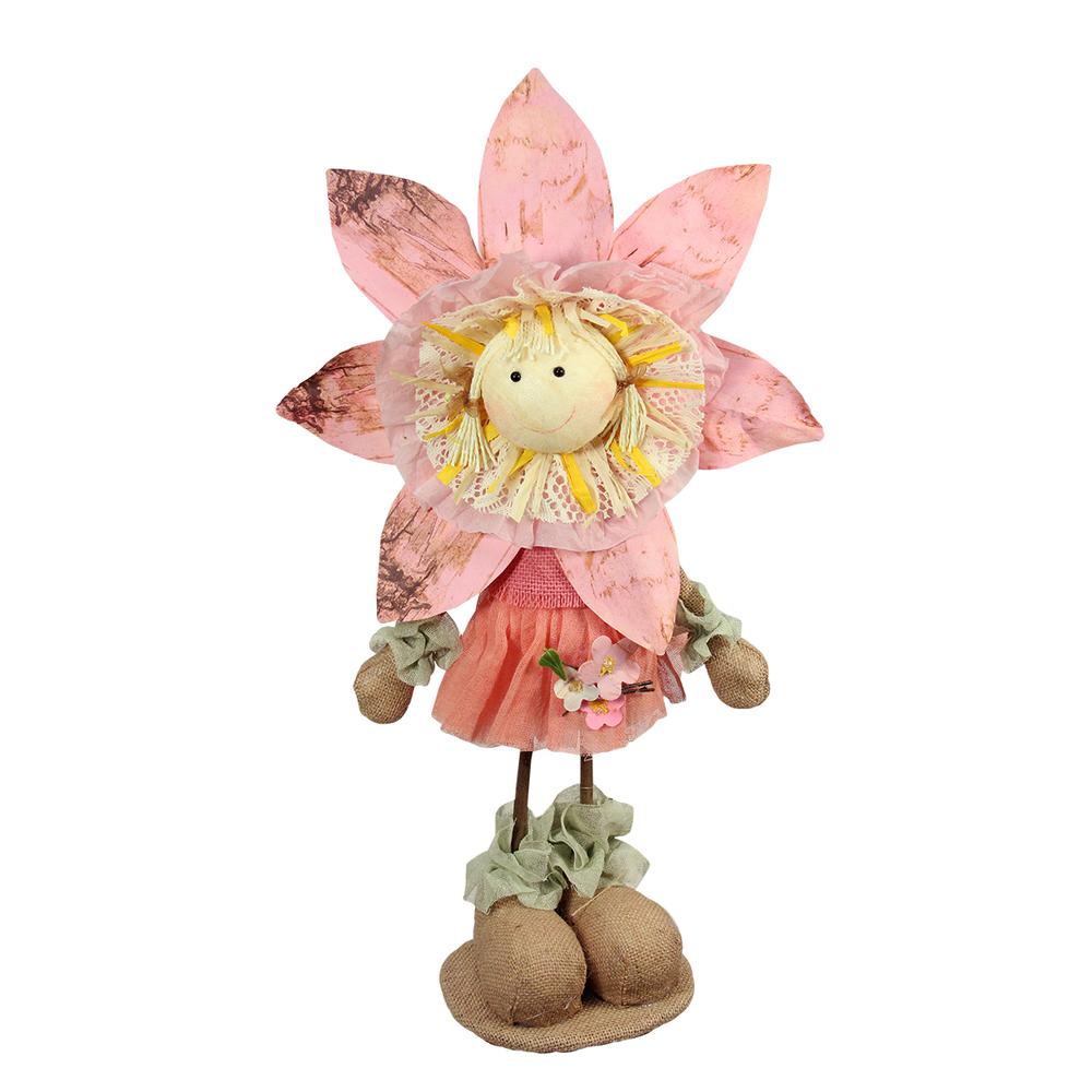 21.5" Pink  Tan and Light Green Spring Floral Standing Sunflower Girl Decorative Figure. Picture 1