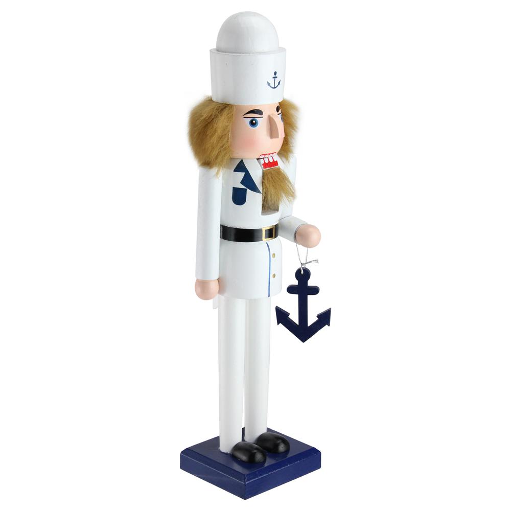 15" White and Blue Navy Sailor with Anchor Wooden Christmas Nutcracker. Picture 2