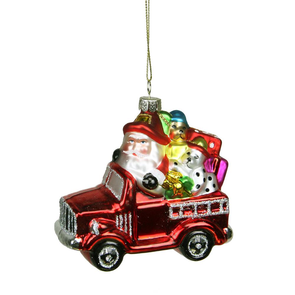 4" Red Fire Truck with Santa and Presents Glass Christmas Ornament. Picture 1