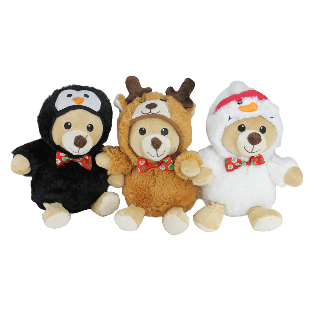 Set of 3 Brown and Black Teddy Bear Stuffed Animal Figures in Christmas Costumes 8". Picture 1
