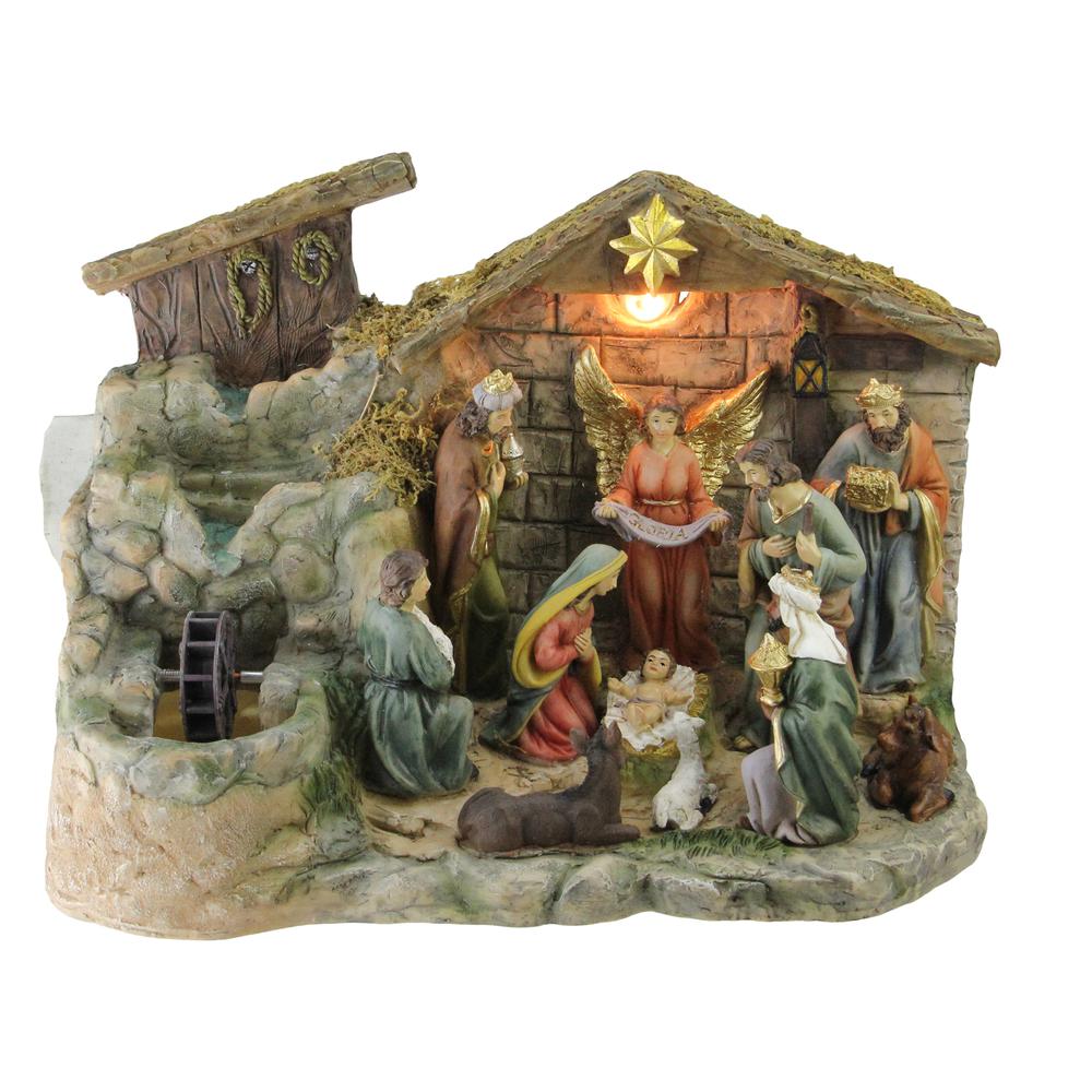 11-Piece Pre-Lit Brown Christmas Nativity Figurine Set with Water Fountain 11" - Warm White Light. The main picture.