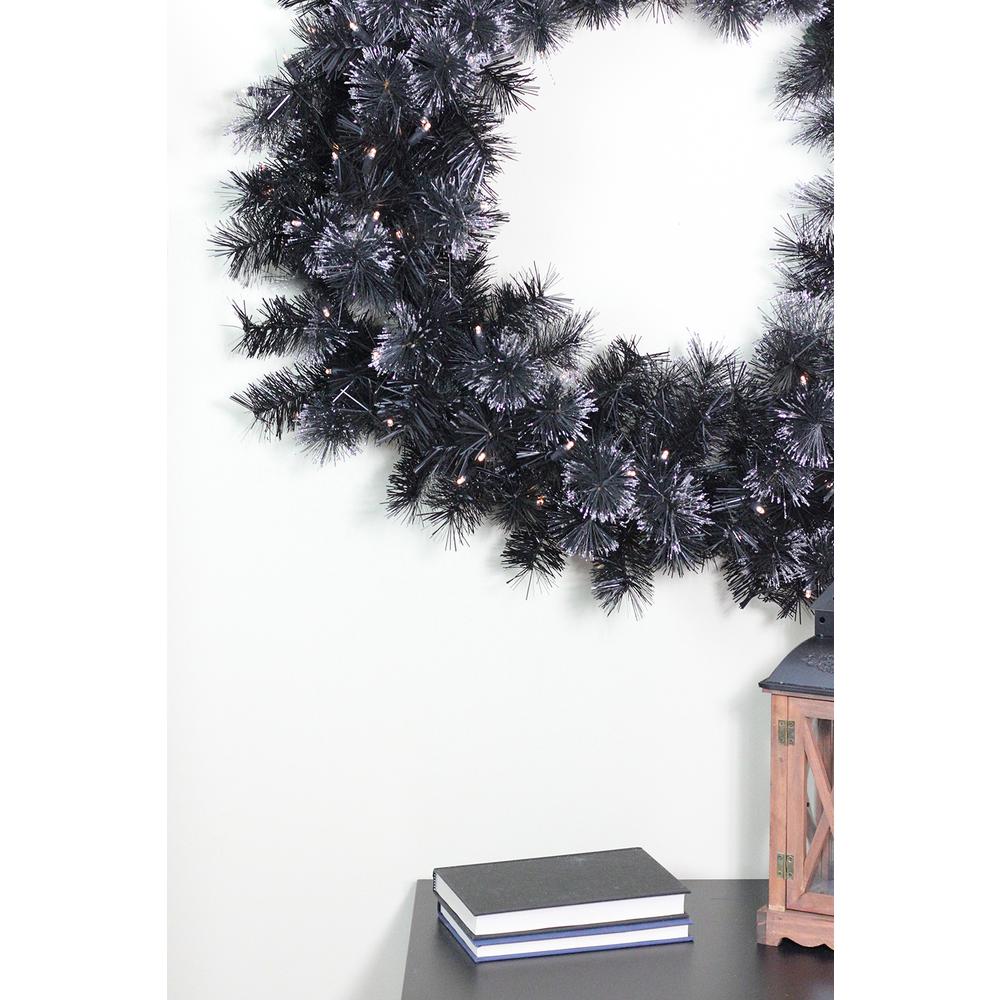 36" Battery Operated Black Bristle Artificial Christmas Wreath - Warm White LED Lights. Picture 4