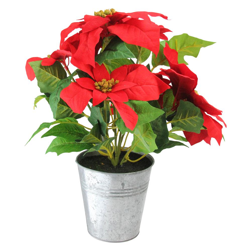 15.5" Red and Green Artificial Poinsettia Flower Arrangement in Pot. Picture 1