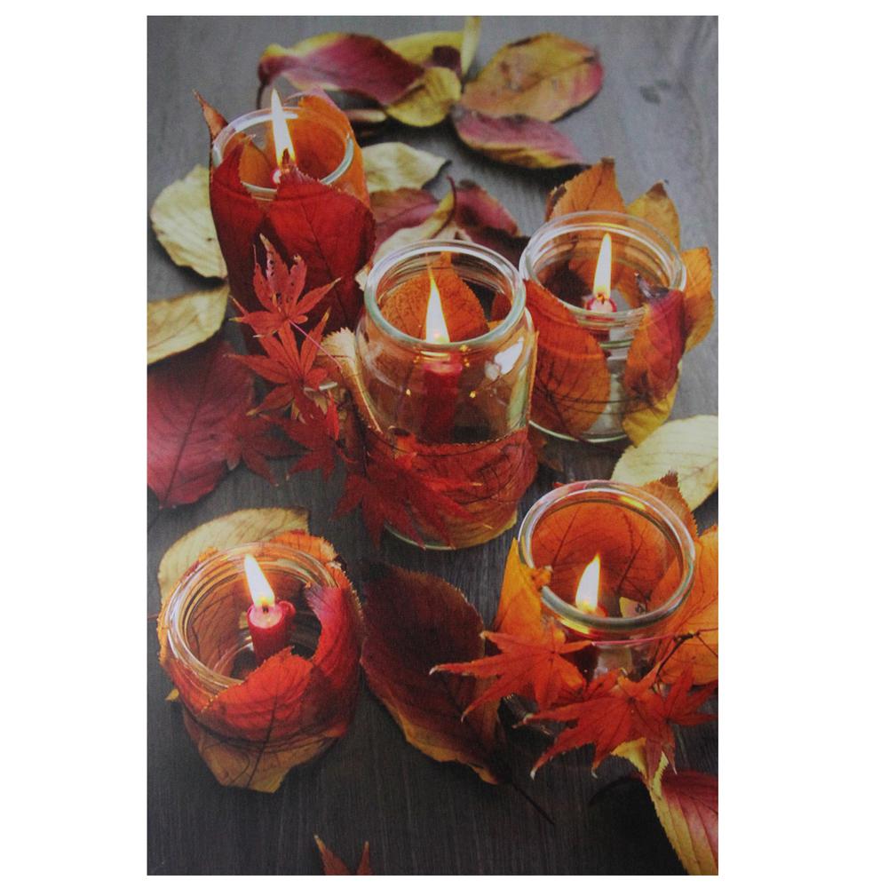 LED Lighted Autumn Leaves and Flickering Candles Canvas Wall Art 23.5" x 15.75". Picture 1
