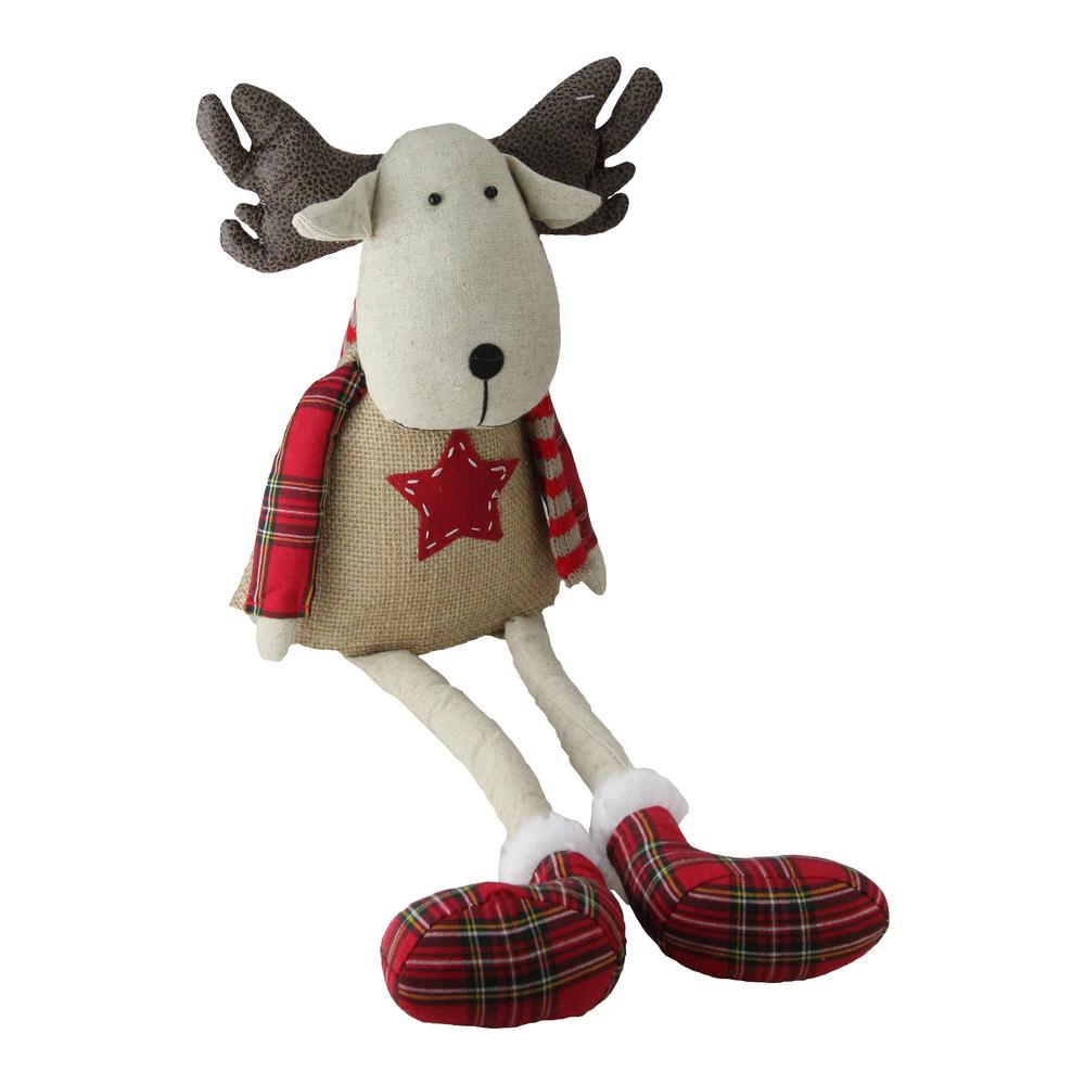 14.75" Red and White Plaid Elk Sitting with Dangling Legs Tabletop Decoration. Picture 3