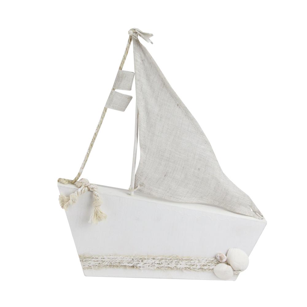 11.5" White and Tan Cape Cod Inspired Ship with Sails Table Top Decoration. Picture 1
