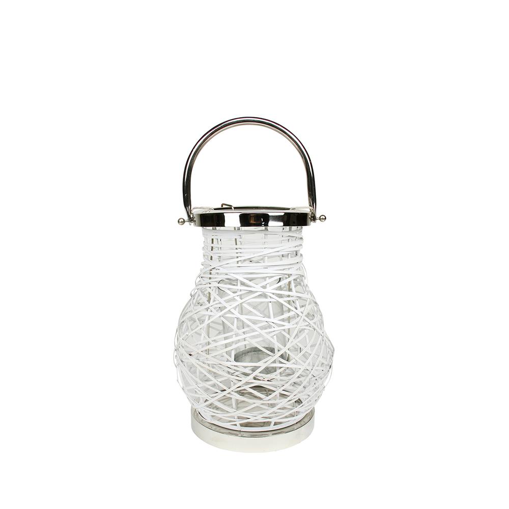 13.5" Modern White Decorative Woven Iron Pillar Candle Lantern with Glass Hurricane. Picture 1
