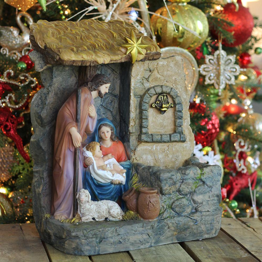 14" Brown and Gray Holy Family Religious Nativity Fountain with Lamp Tabletop Christmas Decoration. Picture 2