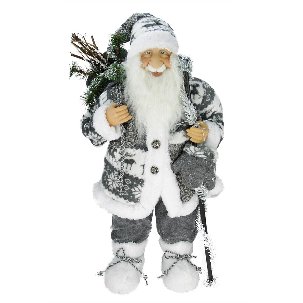 24" Gray and White Patchwork Santa Claus Christmas Figure. Picture 1