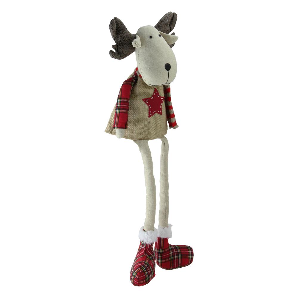 14.75" Red and White Plaid Elk Sitting with Dangling Legs Tabletop Decoration. Picture 2