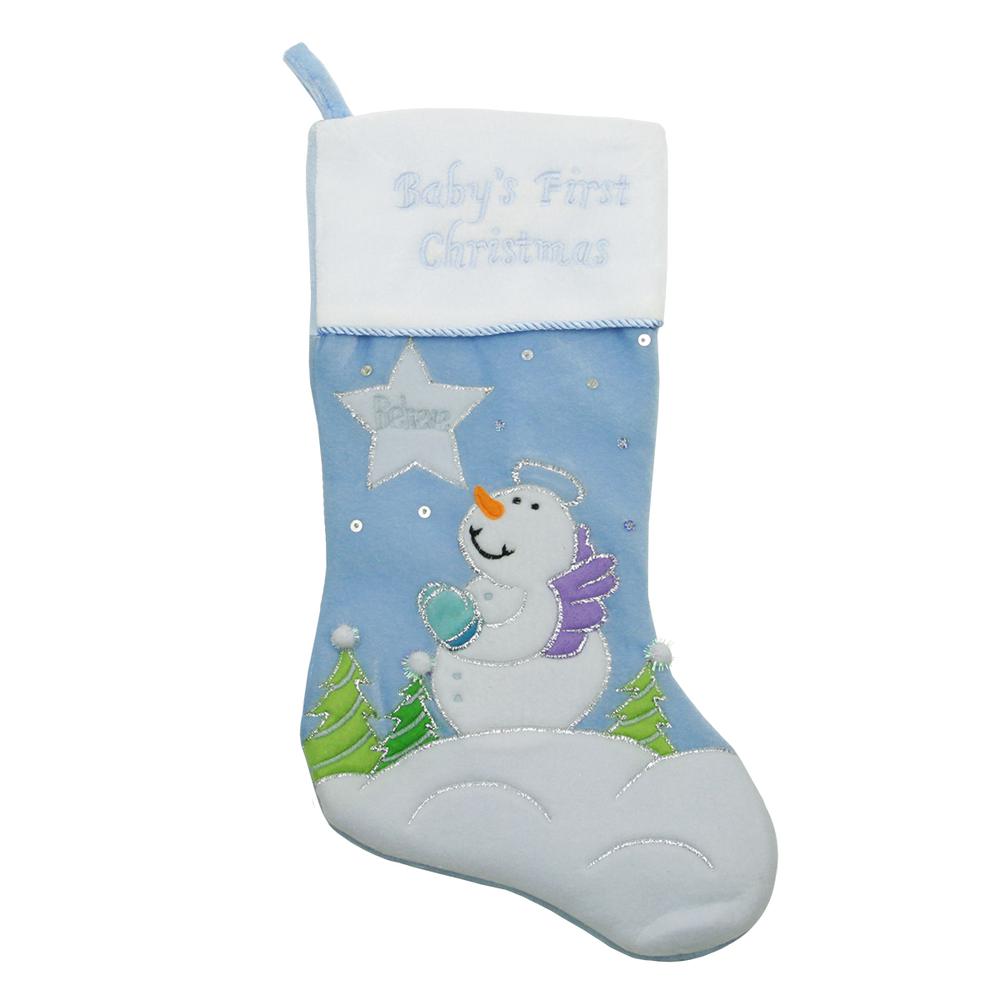 20" Blue Babys First Christmas Velveteen Snowman Angel Christmas Stocking. Picture 1