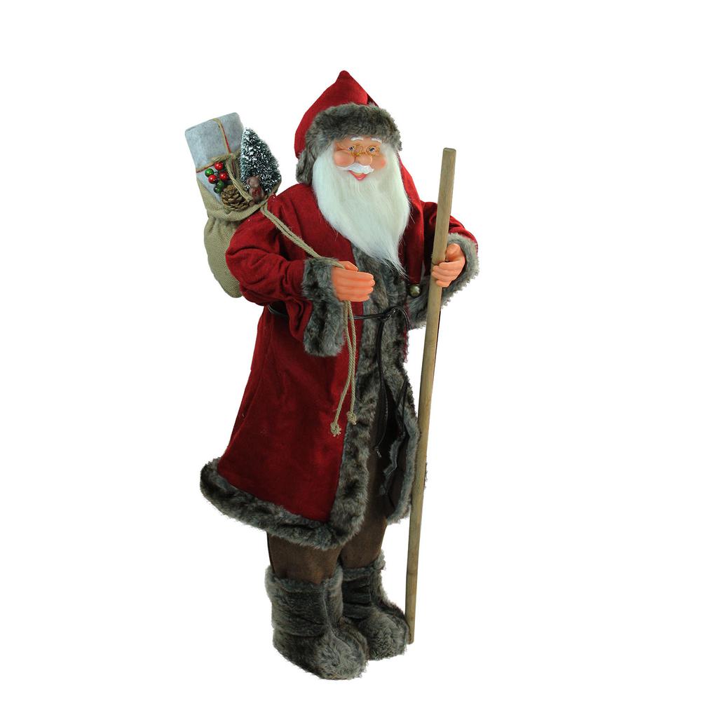 48" Red and Brown Standing Santa Claus Christmas Figurine with Walking Stick. Picture 2