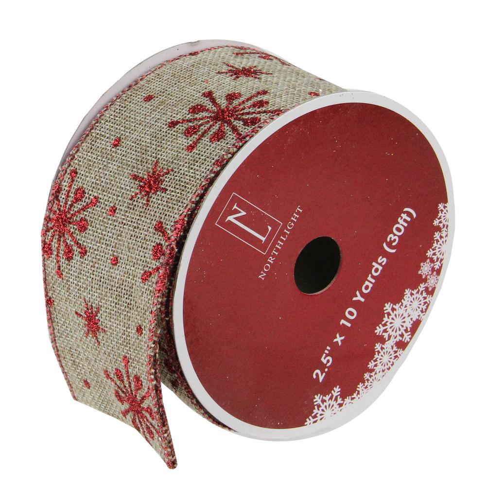 Club Pack of 12 Red Snowflake and Beige Burlap Wired Christmas Craft Ribbon Spools - 2.5" x 10 Yards Total. The main picture.