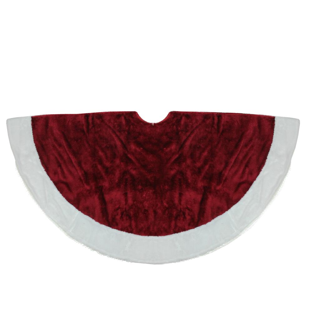 48" White and Burgundy Plush Christmas Tree Skirt. Picture 1