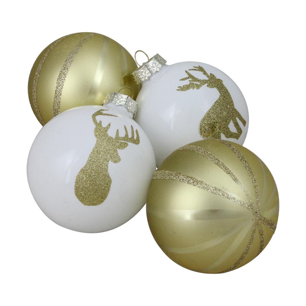 4ct Champagne Gold and White Deer 2-Finish Christmas Ball Ornaments 4.5" (110mm). Picture 1