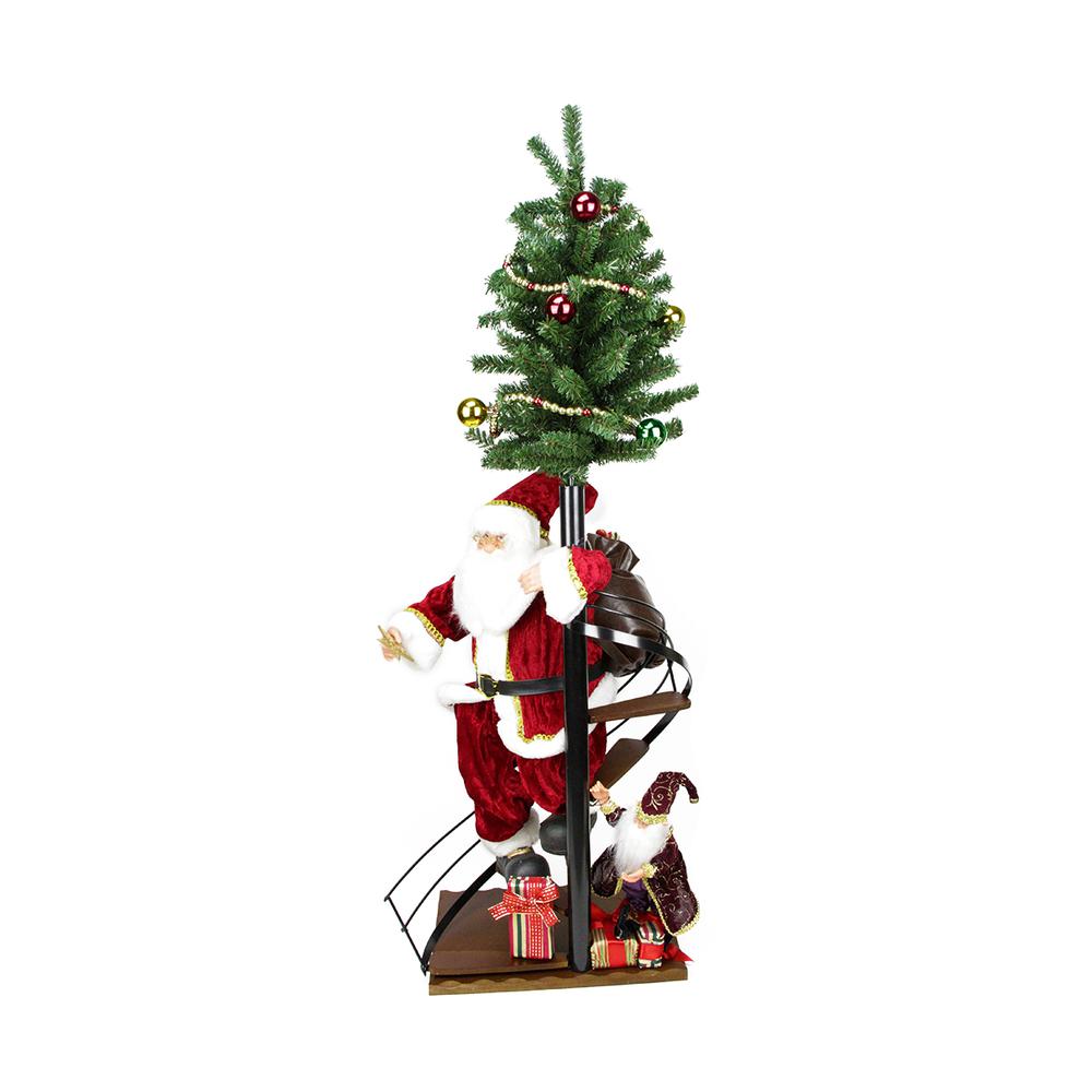 50" Santa Claus on Spiral Staircase with Tree and Elf Christmas Figure on Wooden Base. The main picture.