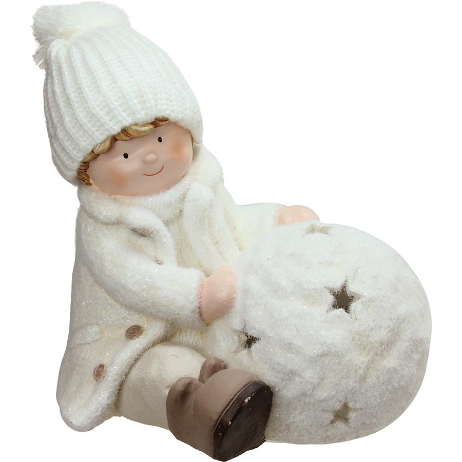 12.5" White Christmas Snowball with Sitting Boy Tealight Candle Holder. Picture 1