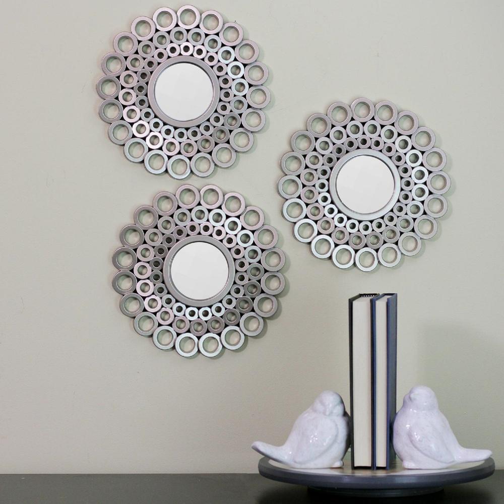 Set of 3 Round Silver Cascading Angular Orbs Mirrors 9.5". Picture 4