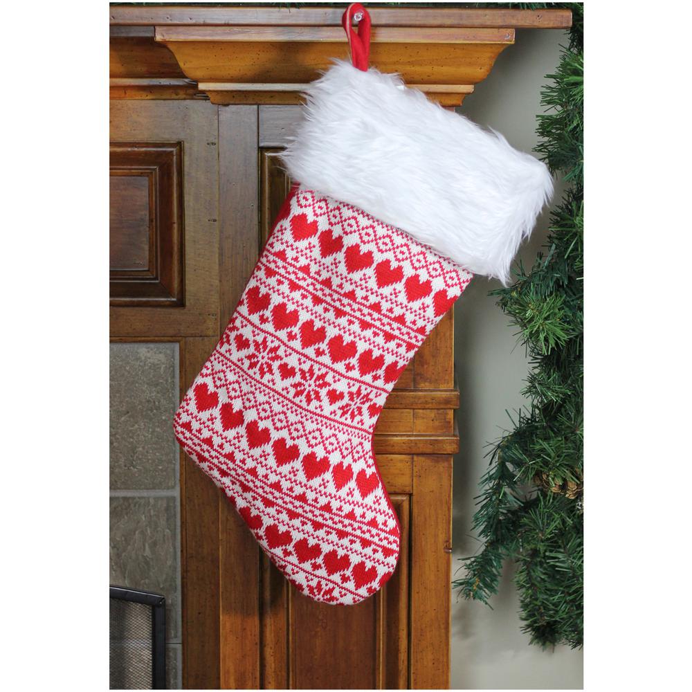 19" Red and White Hearts With Snowflakes Knit Christmas Stocking Faux Fur Cuff. Picture 4