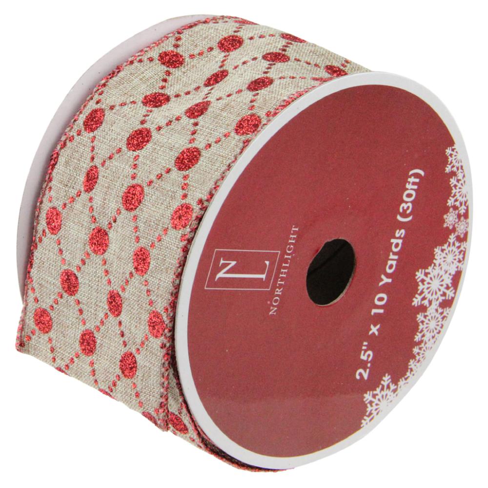 Red and Beige Diamond Wired Christmas Craft Ribbon 2.5" x 120 Yards. Picture 1