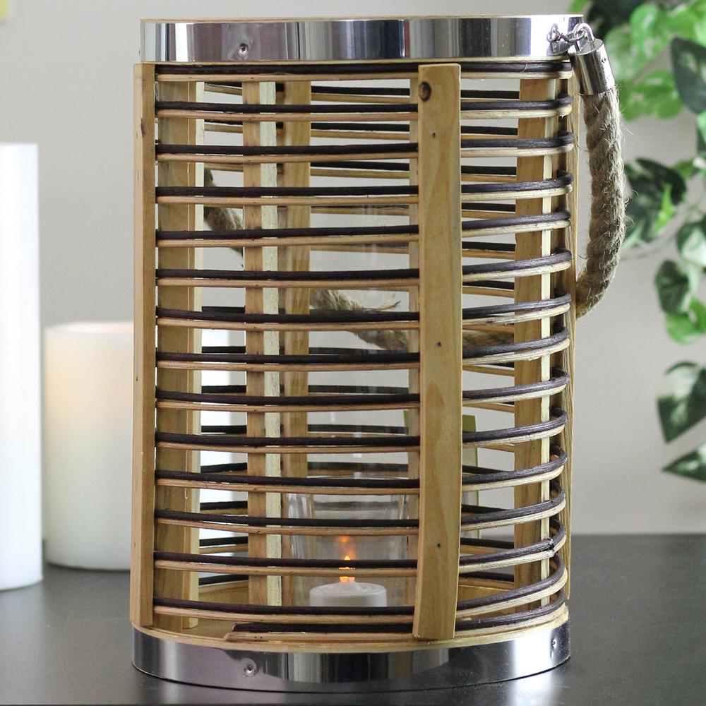 11.5" Rustic Chic Cylindrical Rattan Decorative Candle Holder Lantern with Jute Handle. Picture 4