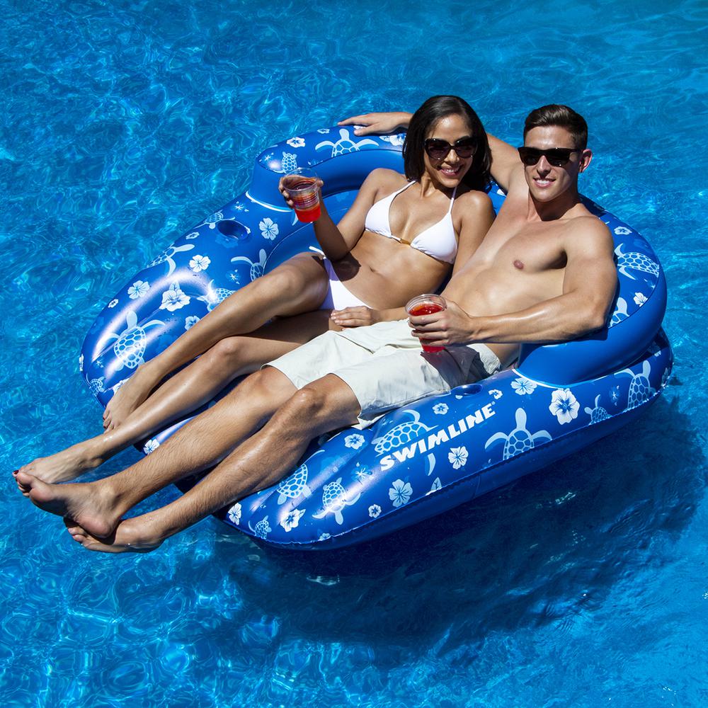 58" Inflatable Tropical Print Double Swimming Pool Lounger. Picture 6